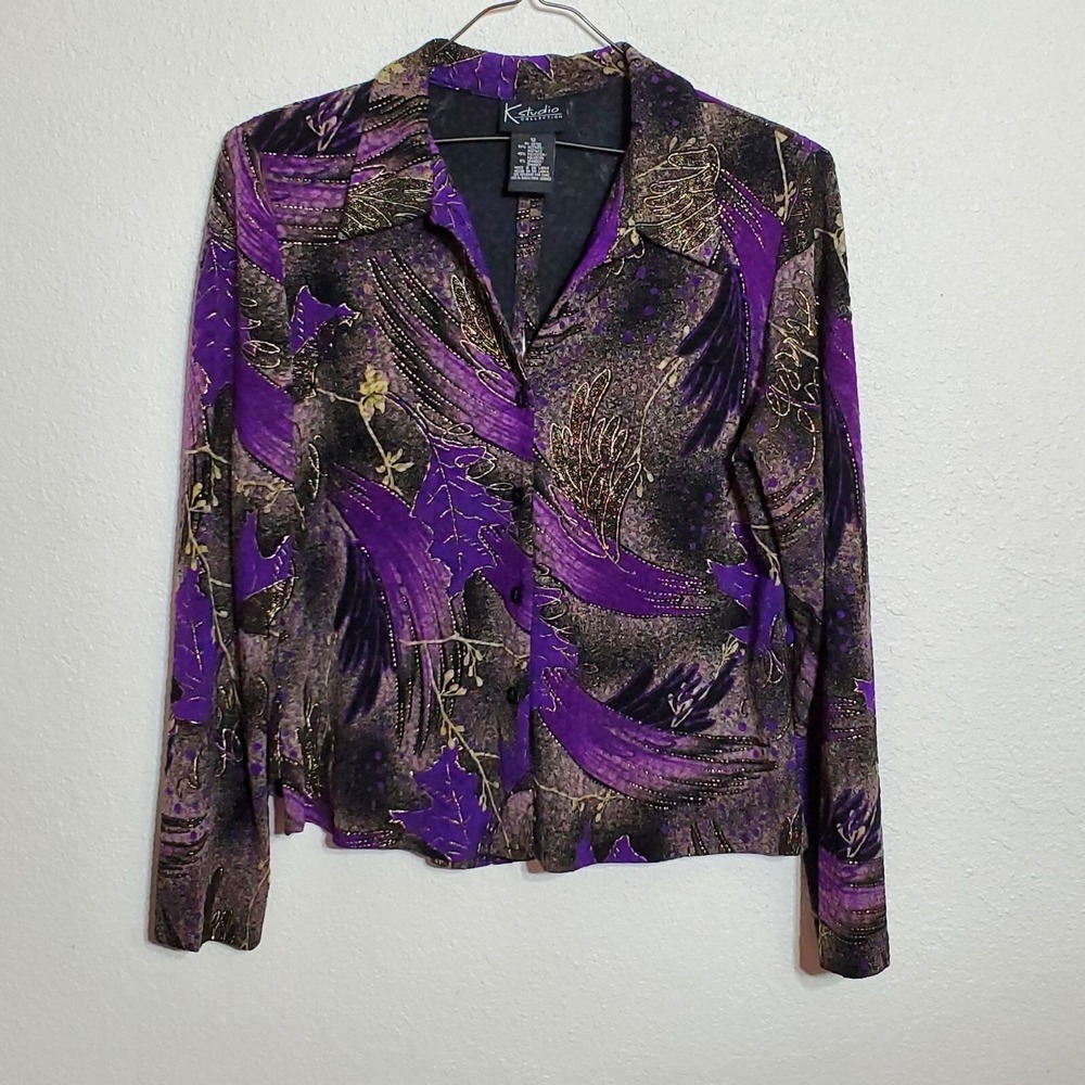 K Studio Collection Womens  Size 12 Long Sleeve Button Blouse Purple Black Gold - Picture 10 of 11